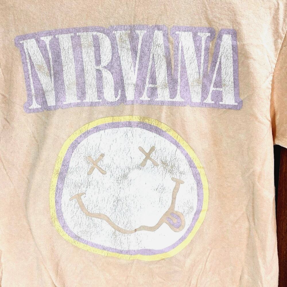 Nirvana Smiley Face Band Tee Light Pink Peach Graphic T-Shirt Vintage Style 90s
